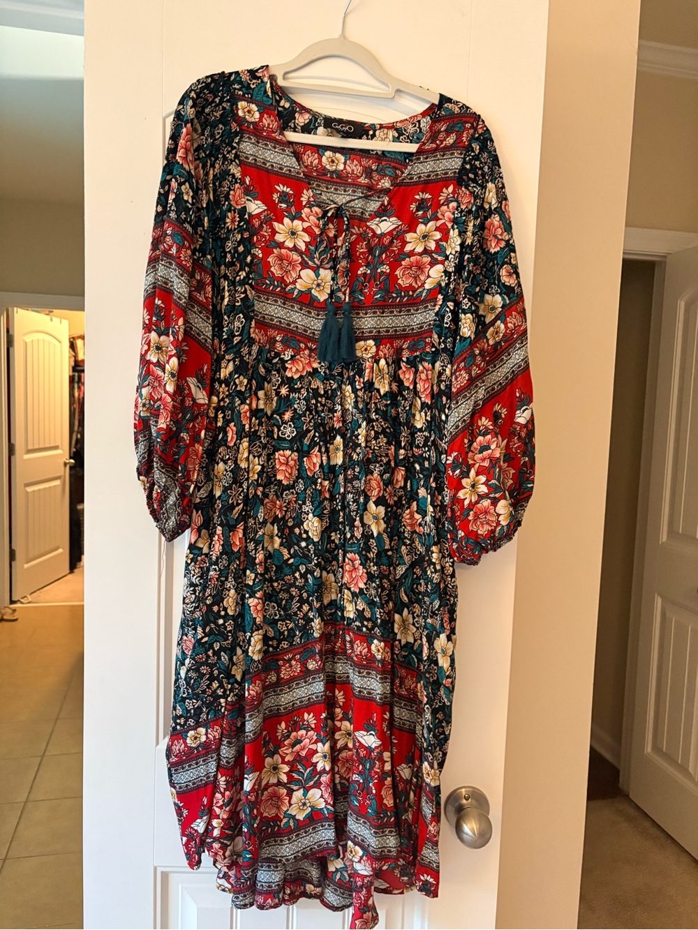 Floral Midi Dress with Tassel Tie in Red and Teal